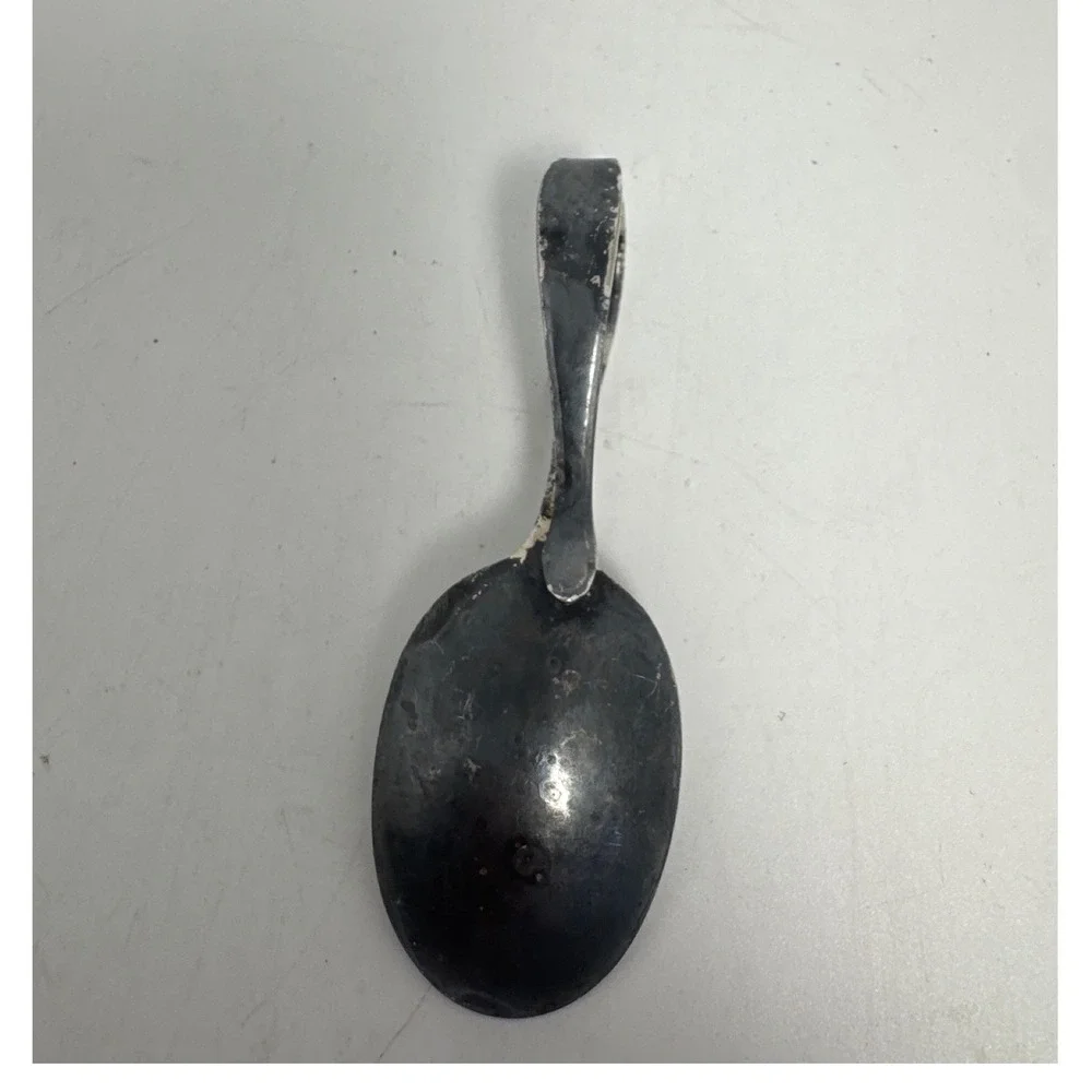 Vintage Antique Silver Plate Loop Handle Baby Spoon Ornate Engraved Fair 3.5in
